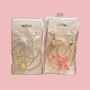 Two Sets of Fashion Hoop Earrings with Pink and one with yellow beads